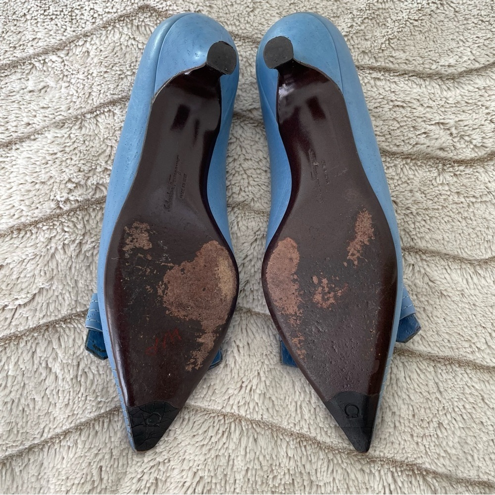 Ferragamo Vintage Baby Blue Kitten Heels with Front Buckle - Picture 9 of 13